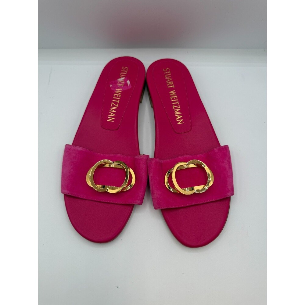 Stuart Weitzman Womens 9.5 Fuchsia Suede Caicos Slide Sandals Gold Buckle Spain